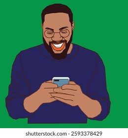 A joyful male going through his phone messages