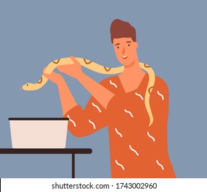 Joyful male holding yellow python vector flat illustration. Smiling guy putting snake into box isolated. Colorful man having dangerous reptile pet. Happy tamer of crawling exotic animal