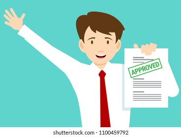 Joyful man with the adopted document. Vector illustration. Flat style.