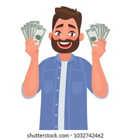 Hombre alegre con billetes de dinero en sus manos. El concepto de riqueza. Ilustración vectorial en estilo de caricatura