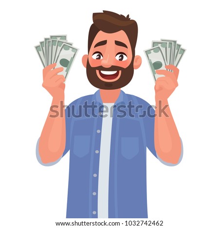 Joyful man with banknotes of money in his hands. The concept of wealth. Vector illustration in cartoon style