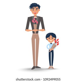 Joyful man in black jacket with bow-tie and child in blue shirt holding bouquet of red tulips for womens day vector illustration