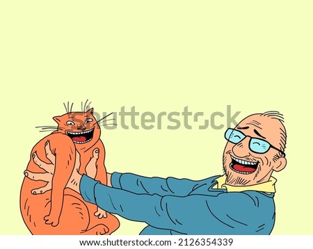 A joyful man and a cat. Pets. Fluffy Companion friendly hugs