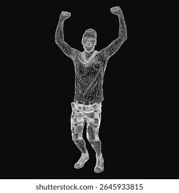 A joyful man celebrates with arms raised high, laughing against a dark backdrop. His expression radiates happiness and triumph, conveying a moment of pure elation.