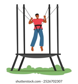 Joyful Man gosta de saltar em um trampolim com um arnês seguro ao ar livre. Imagem vetorial de desenhos animados captura entusiasmo e brincalhão, destacando a emoção da diversão com trampolim em um ambiente seguro