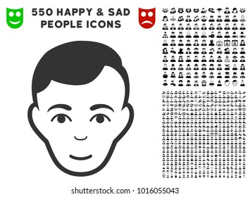 Joyful Man Face vector pictograph with 550 bonus pitiful and happy person graphic icons. Human face has happiness emotion. Bonus style is flat black iconic symbols.