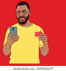 A joyful man going through his phone while holding a debit card