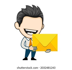 Joyful man got an important letter. happy businessman holding an envelope. Business illustration concept in cartoon style
