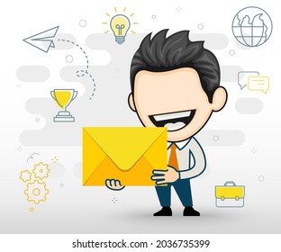 Joyful man got an important letter. happy businessman holding an envelope. Business illustration concept in cartoon style