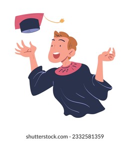 Joyful Man Graduate Character Throwing Academic Cap Up in the Air Rejoicing and Celebrating Successful Exam Vector Illustration