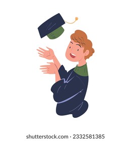 Joyful Man Graduate Character Throwing Academic Cap Up in the Air Rejoicing and Celebrating Successful Exam Vector Illustration