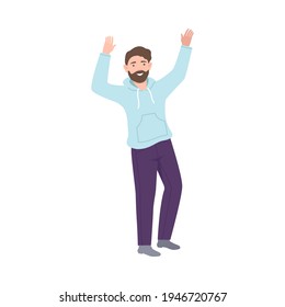 Joyful Man Up with Hands Cheering About Something Vector Illustration