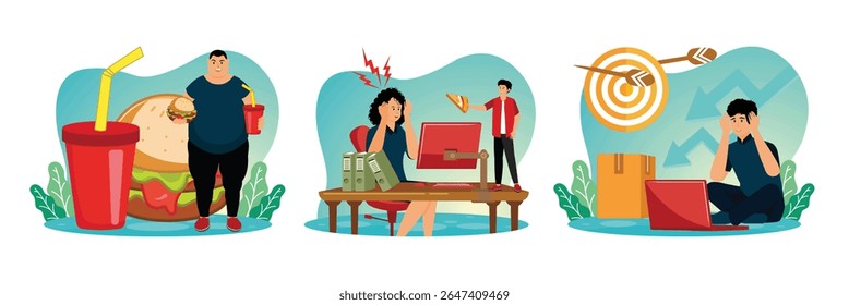 Um homem alegre segurando um grande hambúrguer e bebida com um fundo vibrante. Uma funcionária sentindo-se Estressada em sua mesa fica surpresa quando sua amiga oferece pizza. Homem frustrado com um laptop.