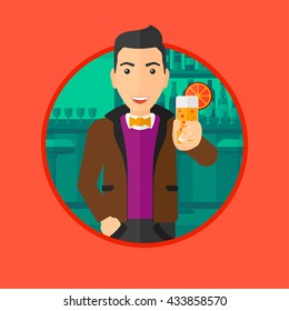 Joyful man holding an orange cocktail. Man drinking an orange cocktail at the bar. Man celebrating at bar with an orange cocktail. Vector flat design illustration in the circle isolated on background.