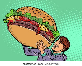 Joyful man and a huge burger. Street food fast food. Hungry man Happiness positive smile. pop art retro comic caricature kitsch vintage 50s 60s style