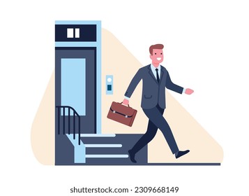 Joyful man leaves his house to go to work. Happy businessman in suit with briefcase. Smiling male walking down street. Home door porch. Building facade. Business worker