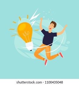 Joyful man with a light bulb. Flat design vector illustration.