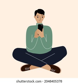Joyful man with mobile phone, front view. Taking pictures, reading, chatting. The man is sitting cross-legged. Smartphone and internet addiction. Vector illustration.