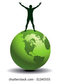 A joyful man on top of a green world in vector format