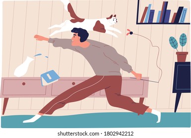 Joyful man playing with funny cat at home vector flat illustration. Happy pet owner holding toy catching agility kitty having fun together isolated. Smiling male spending time with domestic animal