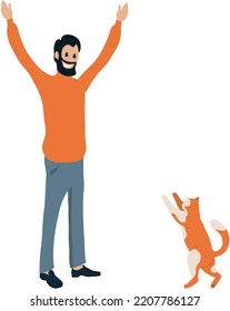 Joyful man playing with funny cat at home vector illustration. Happy pet owner stands with arms raised glad to meet kitty having fun together isolated. Smiling male spending time with domestic animal