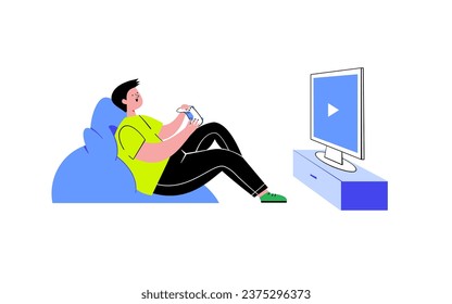 Joyful man playing video games. Vector gamer illustration.
