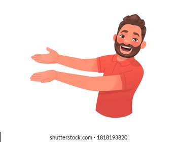 Joyful man points to something. Presentation or advertising of a product or service. Cheerful bearded guy character on a white background. Emotions of admiration and wow effect. Vector illustration