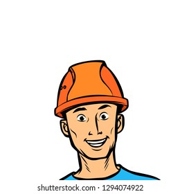 joyful man professional in a helmet. Comic cartoon pop art retro vector illustration drawing