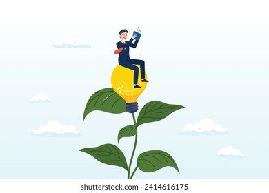 Joyful man reading book on lightbulb flower growing plant, learn or study more knowledge to grow and success, growth mindset or lifelong learning, education to develop new skills (Vector)