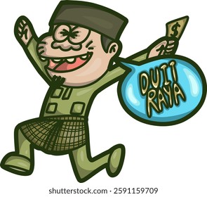 A joyful man receiving 'Duit Raya' (Eid money). This cartoon design is perfect for the Raya (Eid) season, symbolizing happiness and the festive spirit.