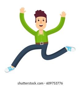 Joyful man runs happily and happily bounces. Flat vector cartoon illustration. Objects isolated on a white background.