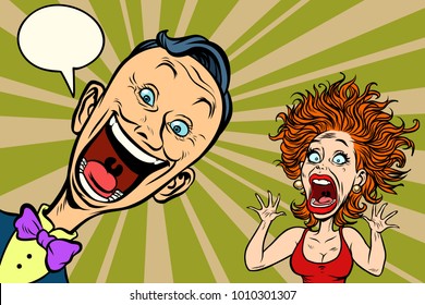 hombre alegre y mujer asustada. Dibujo retro de ilustraciones pop de historietas