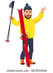 Joyful man with skis. Male character in cartoon style.