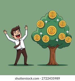 A joyful man stands next to a tree laden with gold coins, symbolizing financial growth and success.