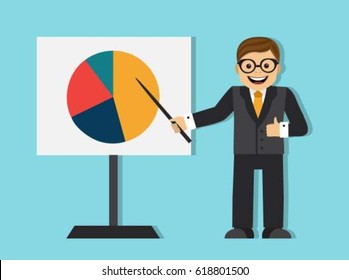 Joyful man in a suit makes a presentation and shows the result of work 

