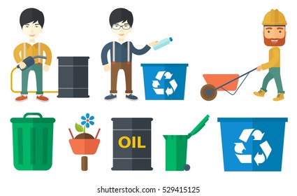 Joyful man throwing away used plastic bottle in recycling bin. Man collecting garbage in recycle bin. Waste recycling concept. Set of vector flat design illustrations isolated on white background.