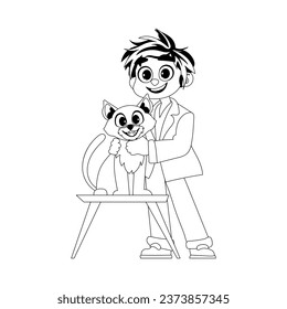 A joyful man who likes and cares for animals, like a cute cat. Childrens coloring page.