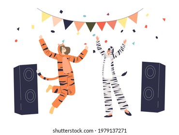 Joyful man and woman dressed in tiger and zebra kigurumi jumpsuit dance on pajama overnight party. Cozy friends gathering at home. Cartoon flat vector illustration