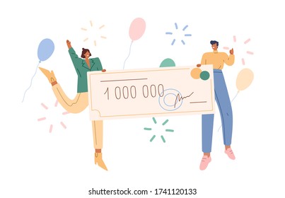 Joyful man and woman holding bank check for million vector flat illustration. Happy couple winner of grant or lottery gain surrounded by air balloon and firework isolated on white background