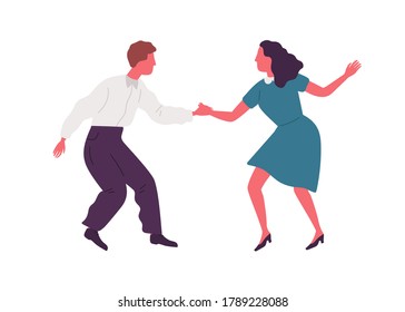 Joyful man and woman performing lindy hop dance movement vector flat illustration. Active couple dancing together holding hands isolated on white. Dancers pair at disco, party or school