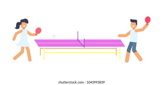 Joyful man and woman that are playing small tennis, sport activity abstract banner, vector illustration with lilac table for tennis, active rest card