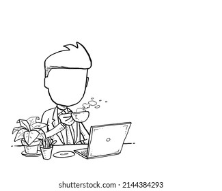 Joyful manager sipping coffee on his desk. Cartoon vector illustration design