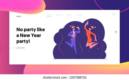 Joyful Managers or Colleagues Celebrating Christmas Together Website Landing Page. Happy Business Man and Woman in Santa Hat Having Fun at Office Party Web Page Banner. Flat Vector Illustration