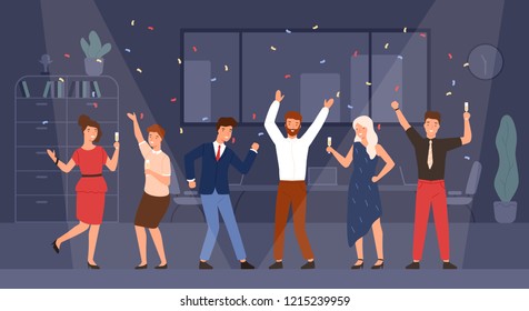 Joyful Managers Or Colleagues Celebrating Holiday Together. Happy Men And Women Having Fun And Drinking Champagne At Office Corporate Party. Colorful Vector Illustration In Flat Cartoon Style.