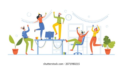 Joyful Managers Colleagues Characters Celebrating Christmas Holiday Together. Happy Business Men and Women Having Fun, Drinking Champagne at Office Corporate Party. Cartoon People Vector Illustration