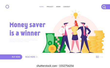 Joyful Managers Team Website Landing Page. Business People Stand Embracing at Huge Piles of Money with Glowing Lamp above Heads. Teamworking Group Web Page Banner. Cartoon Flat Vector Illustration