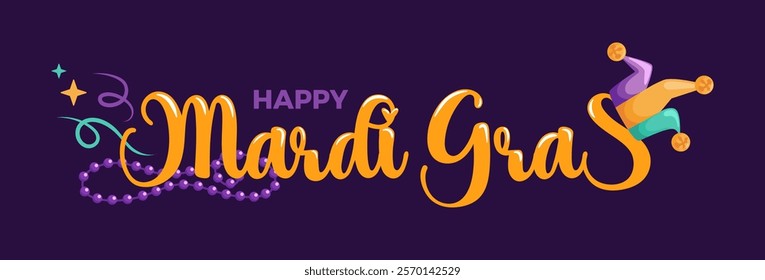 Joyful Mardi Gras celebration featuring vibrant lettering and a festive inscription. Decorated beads, and lively serpentine, perfect for festive designs and promotional materials. Horizontal banner