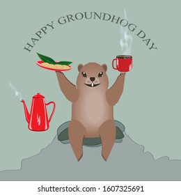 Joyful Marmot holds in his paws a cup of coffee with steam, a plate with a sandwich, a red coffee pot - art, illustration vector. Happy Groundhog Day