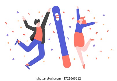 A joyful married couple is jumping next to a positive pregnancy test. The birth of a new baby. The man and woman are happy. Vector flat illustration.