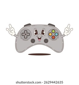 Joyful mascot game controller character with expressive face and hand gestures in cartoon retro style perfect for gaming content. Vector illustration